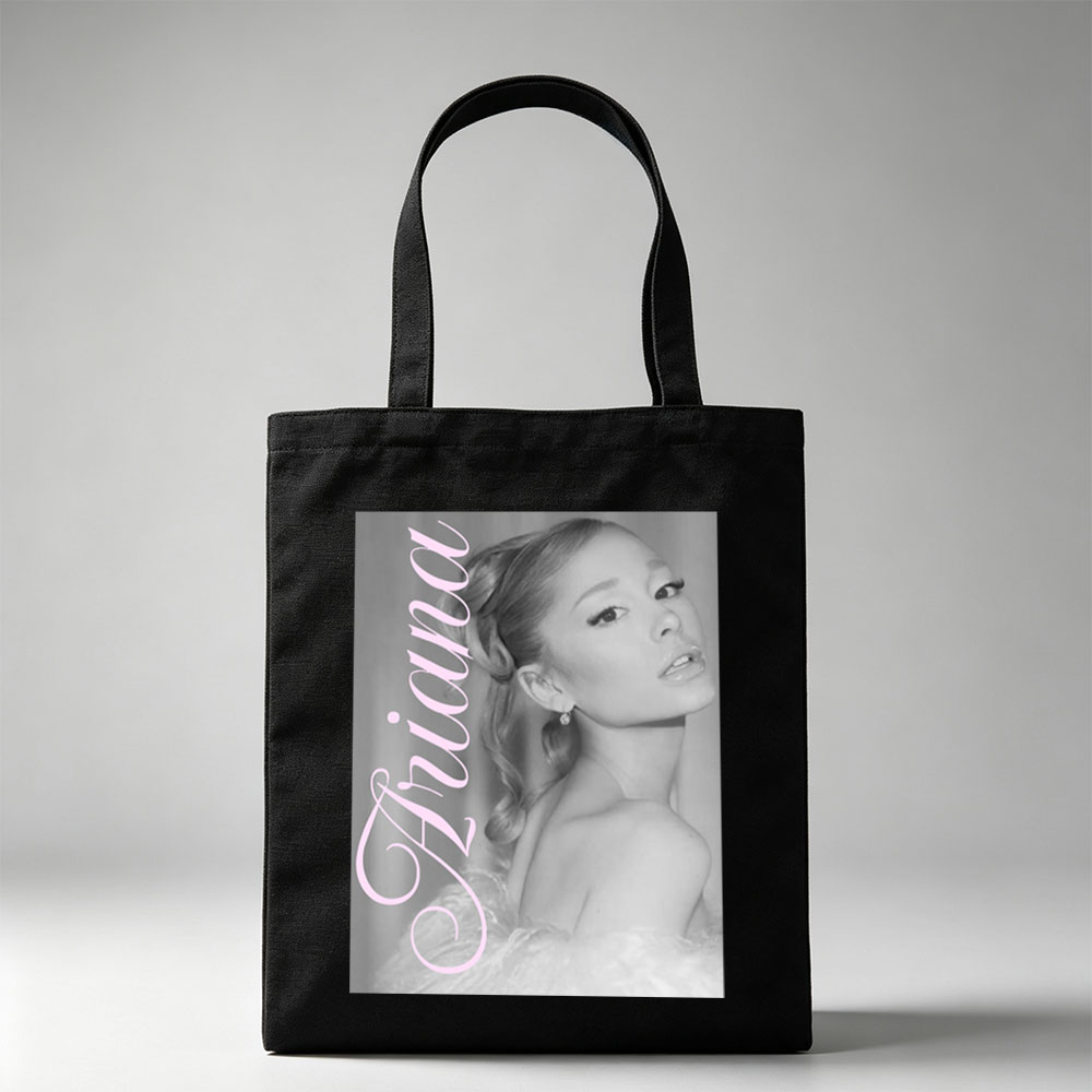 Ariana Grande Elegant Black and White Portrait with Pink Text Overlay - Canvas tote bags