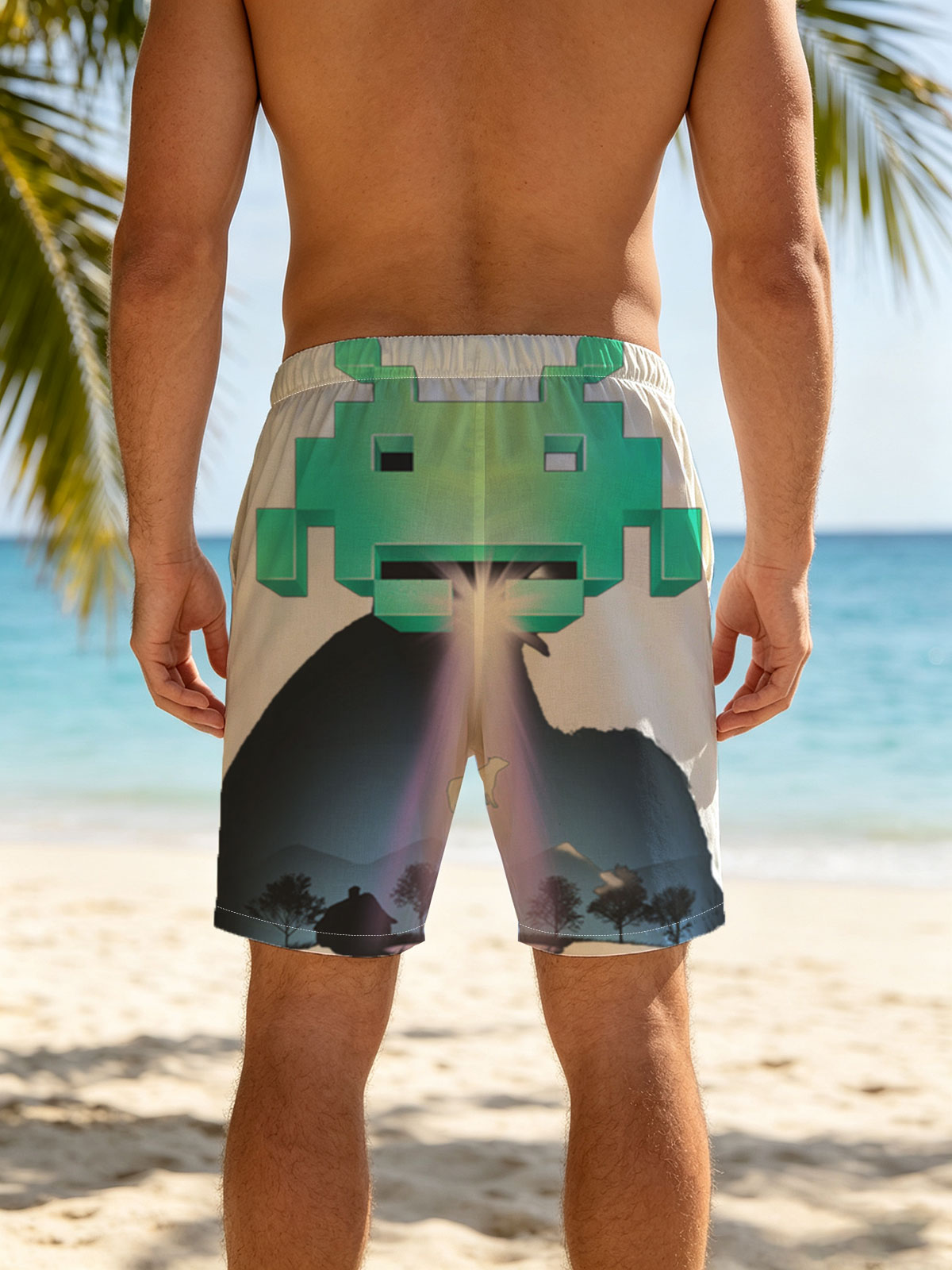 Alien Invader and Dog in Beam of Light -  Beach shorts