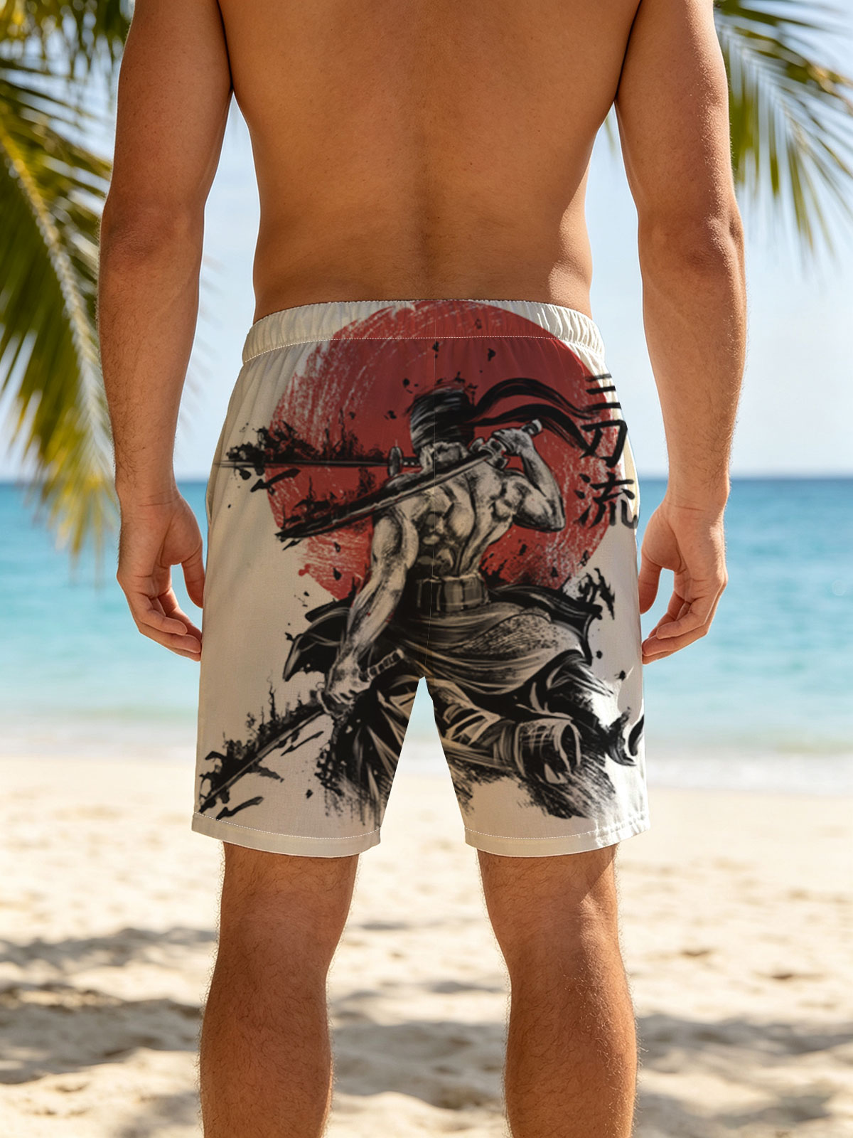 Samurai Warrior with Three Swords Against Red Sun Background -  Beach shorts