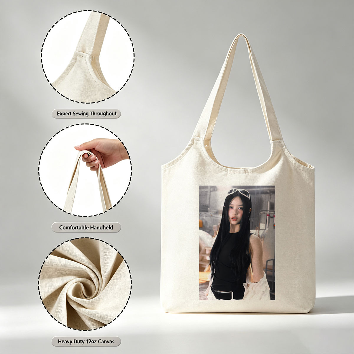 Hanni of NewJeans in a Futuristic Studio Setting Wearing a Black Top and White Ruffled Skirt with Sunglasses on Head - Canvas shoulder bags/