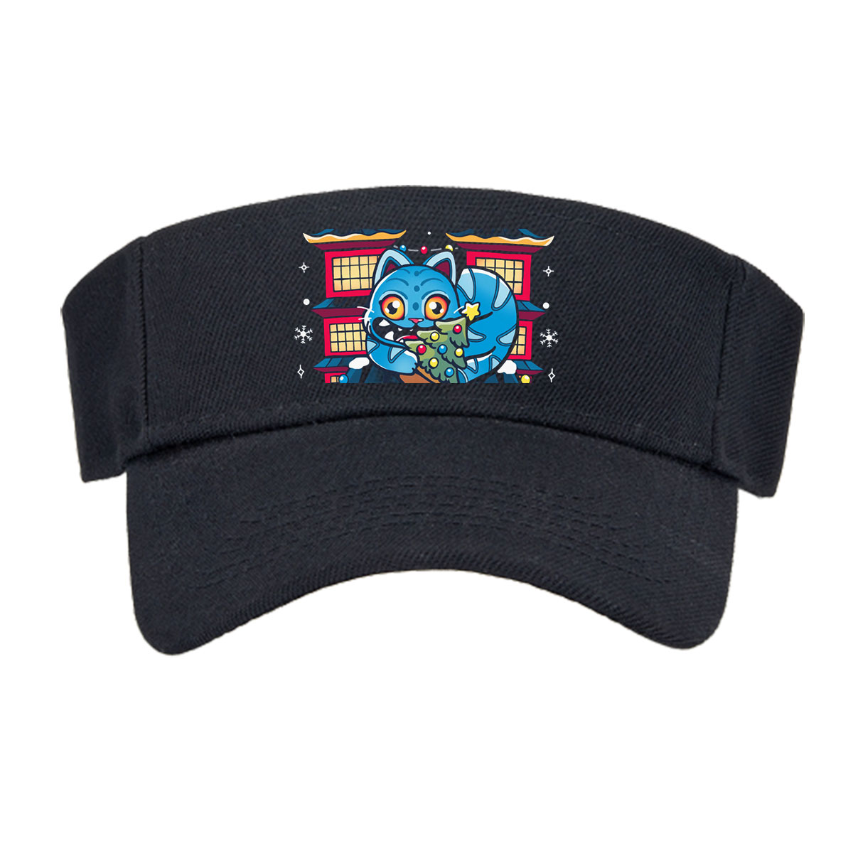 Blue Cat with Christmas Tree in Front of Pagoda House -  Visor cap