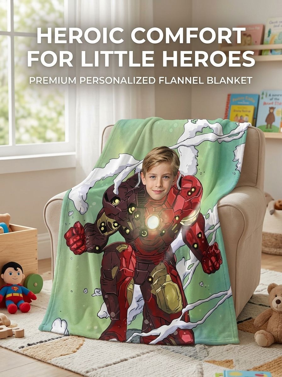 Personalized Photo Superhero Flannel Fleece Blanket Custom Face Soft Throw for Kids and Adults Unique Keepsake Gift