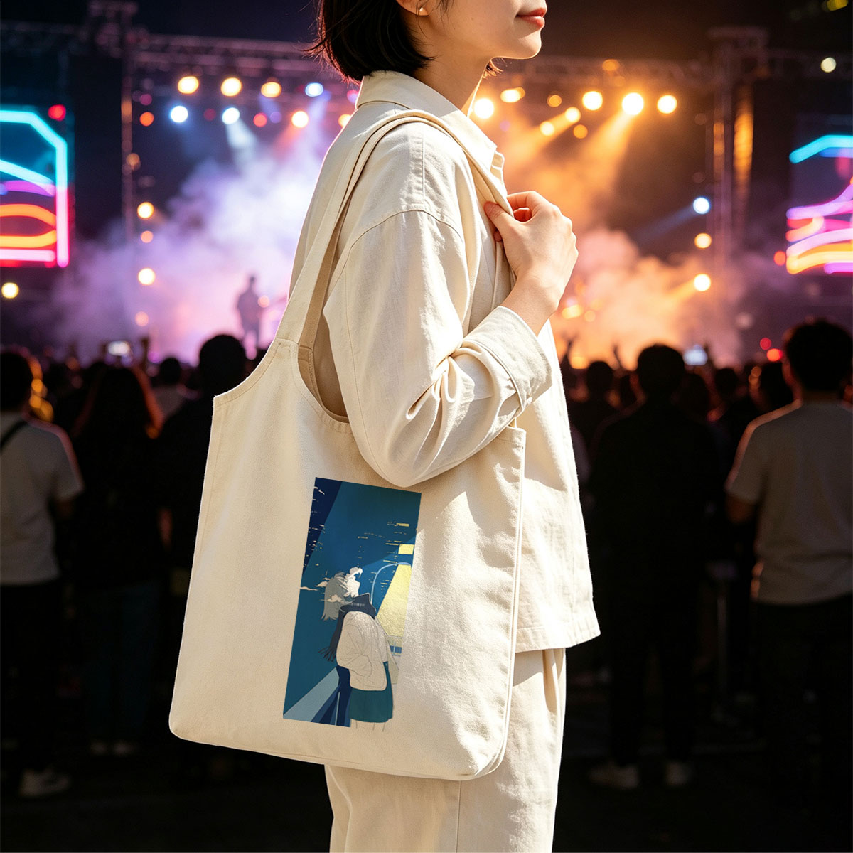 Anime Character in Winter Coat Breathing Steam Against City Night Sky - Canvas shoulder bags/