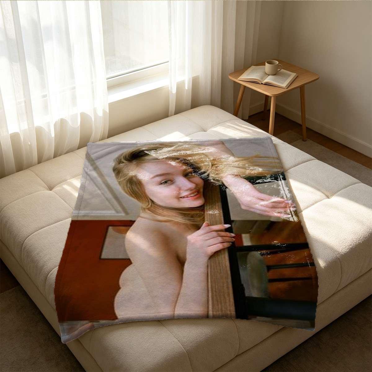 Blonde Dominatrix in Stockings Straddling Bound Brunette on Bed - Blanket
