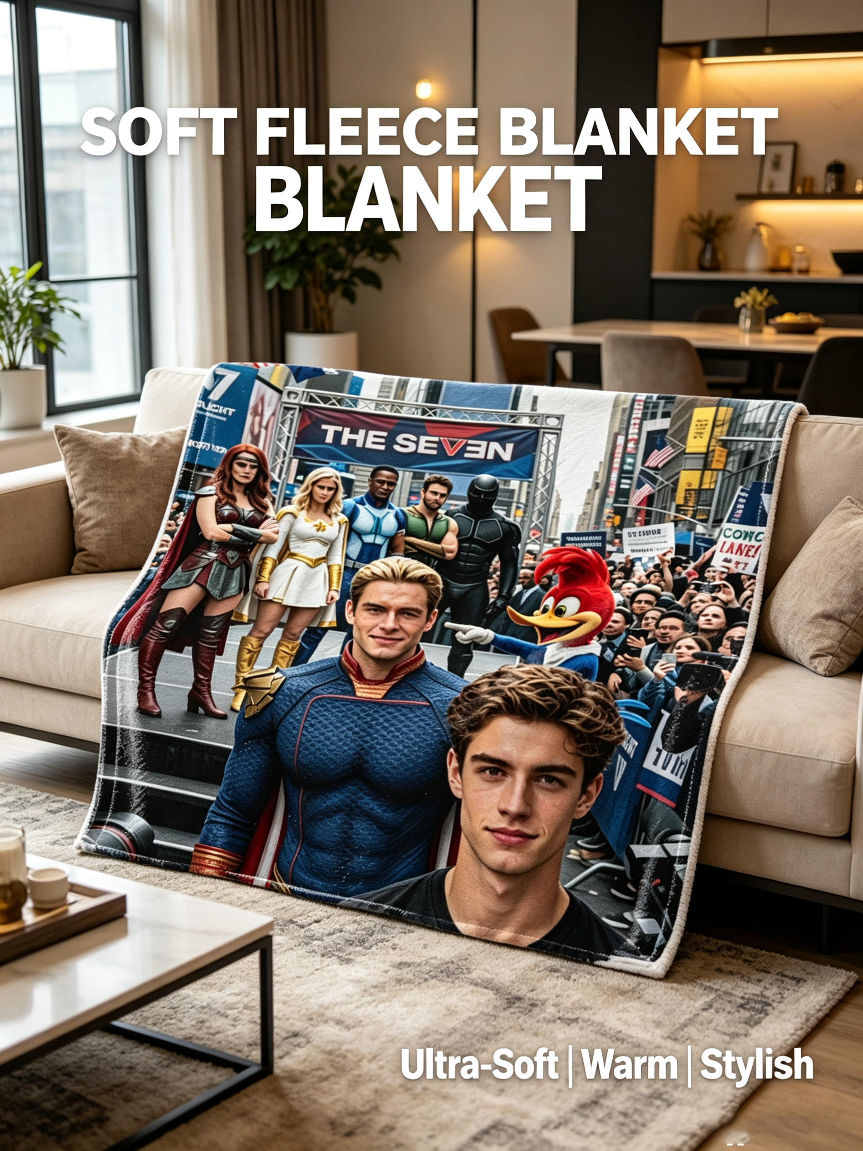 Custom Face Blanket The Boys The Seven Superhero Team Flannel Blanket Perfect for Fans of Vought and Homelander Cozy Gift for Birthday or Holiday Giveaway