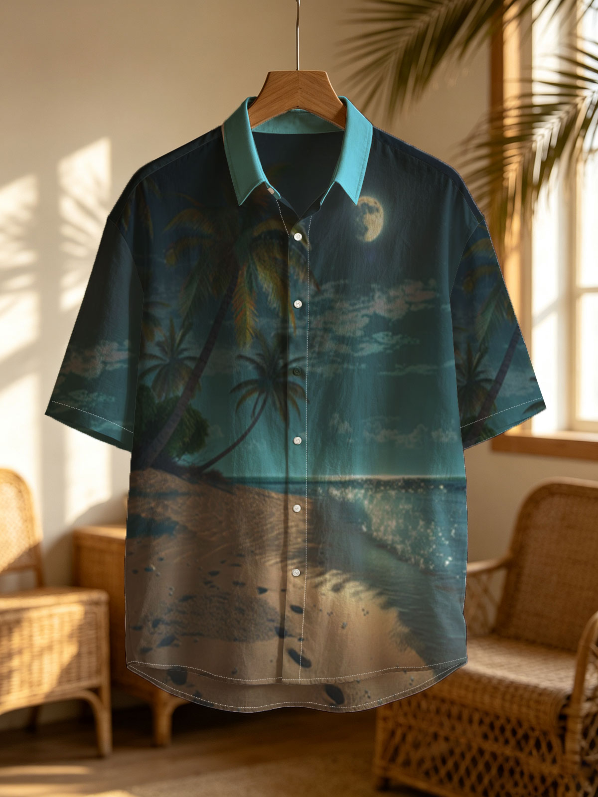 Moonlit Tropical Beach with Palm Trees and Shimmering Water -  Shirt