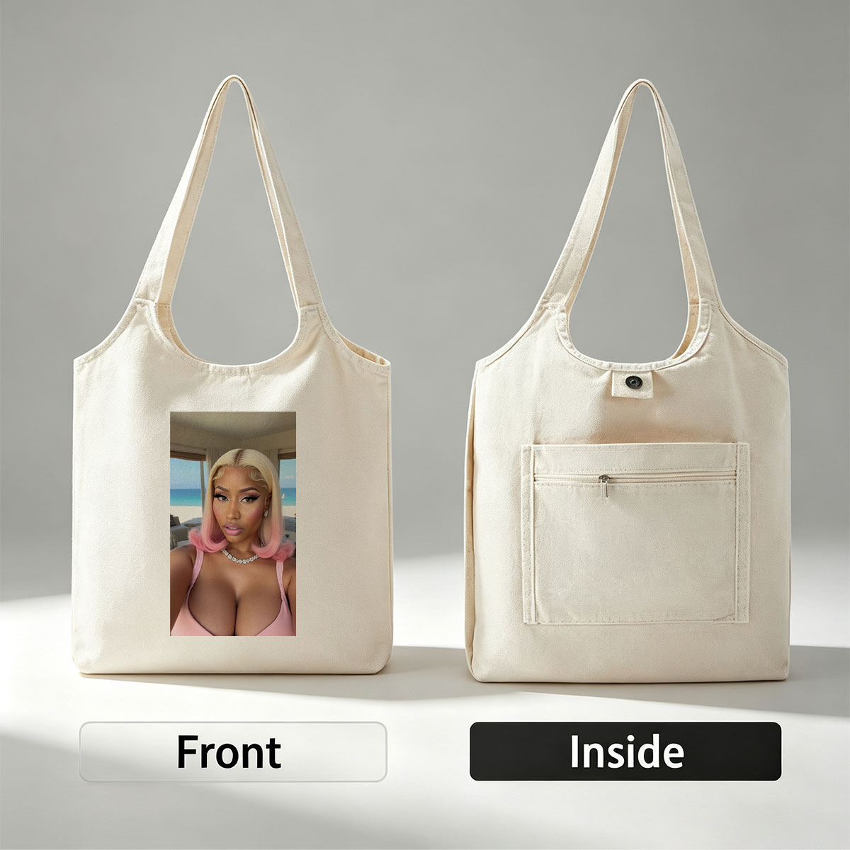 Cardi B Beachside Glamour in Pink Hair and Sparkling Jewelry - Canvas shoulder bags/