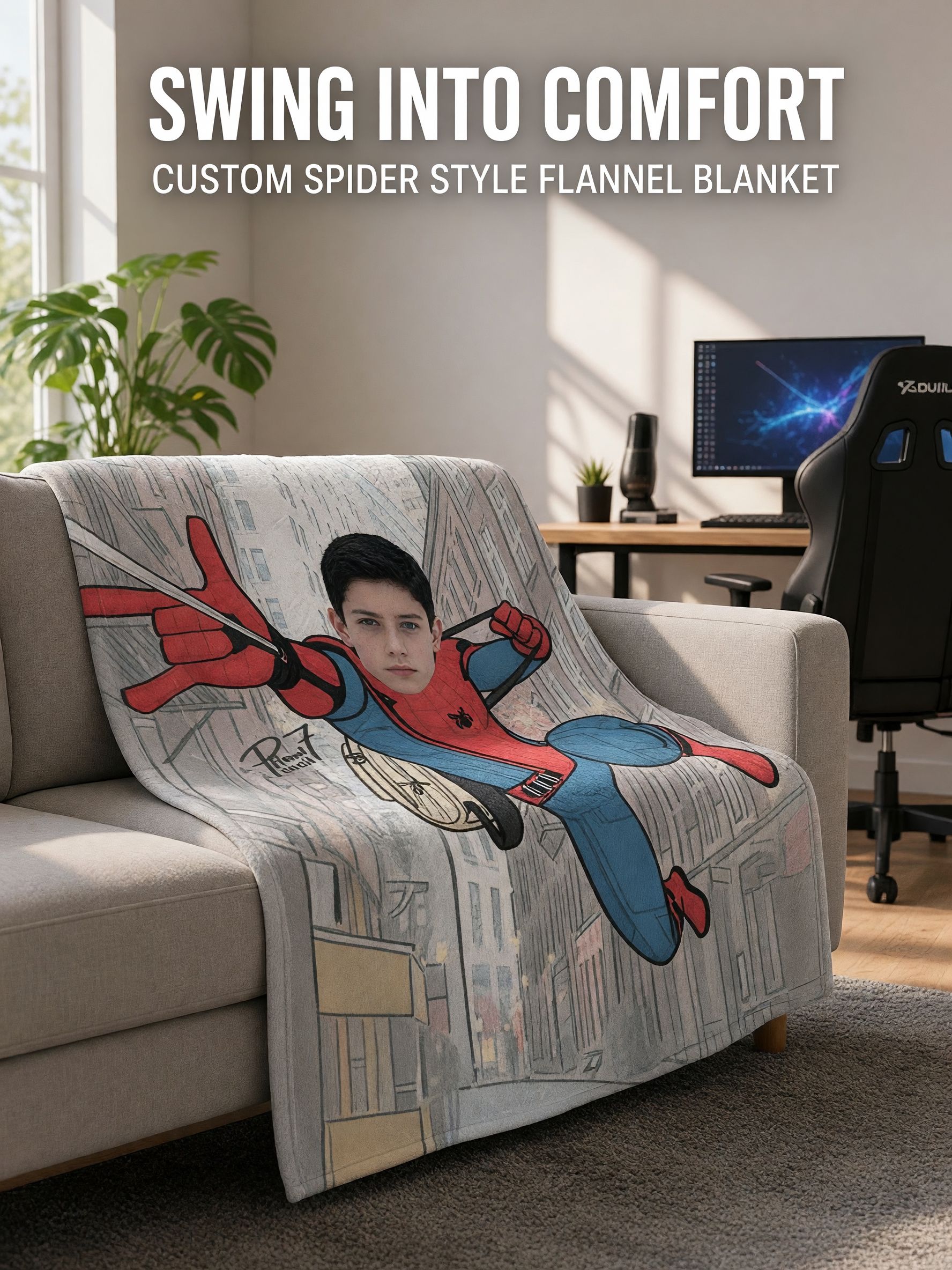 Custom Face Photo Blanket Personalized Superhero Flannel Throw, Ultra Soft Cozy Fleece for Beds and Sofas, Ideal Gift