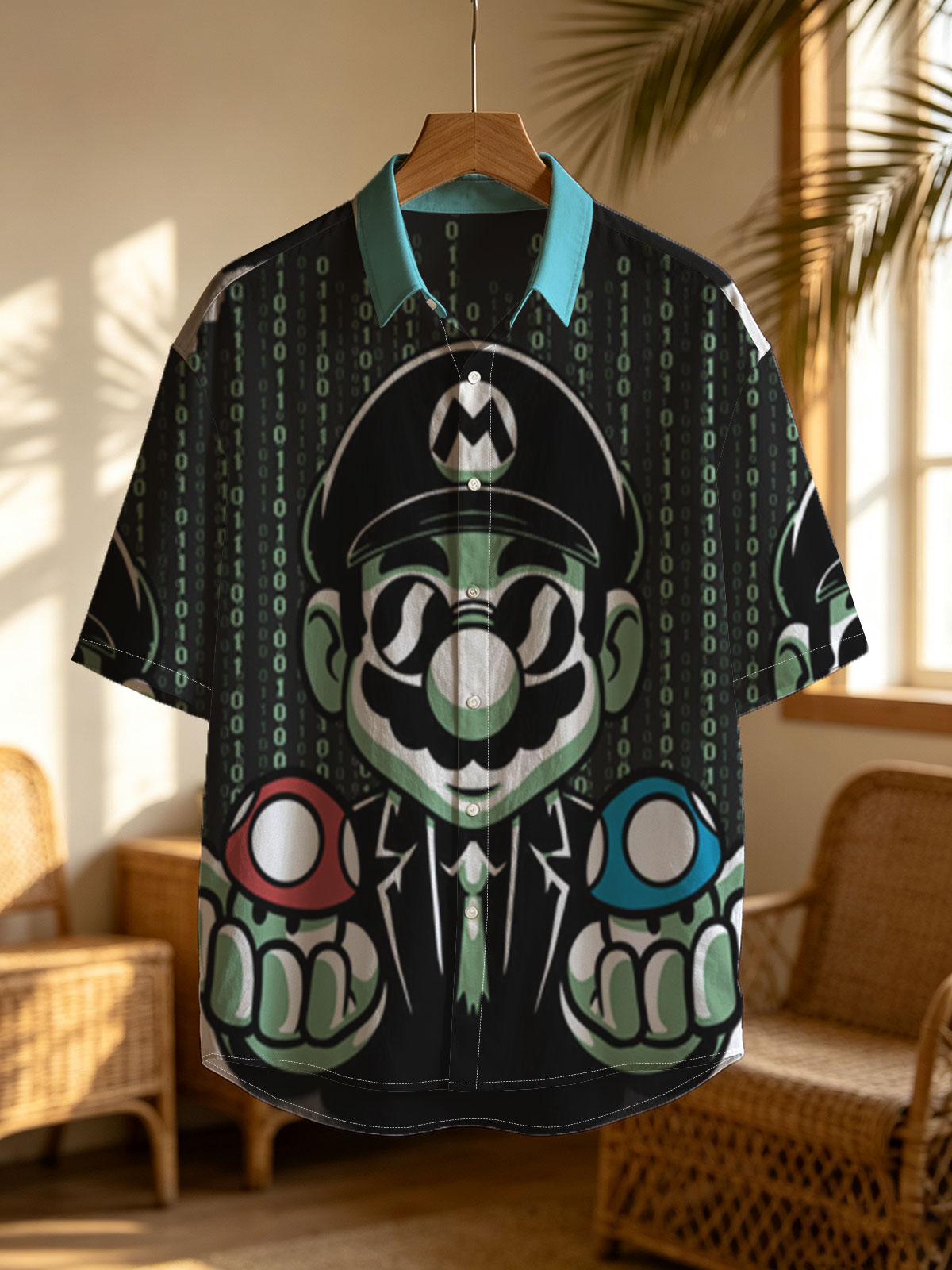 Mario in Matrix Code with Red and Blue Mushrooms -  Shirt