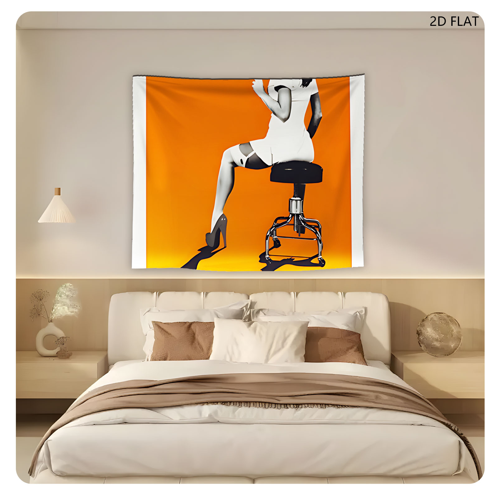 Nurse in White Dress Holding Syringe on Stool Against Orange Background - Tapestry