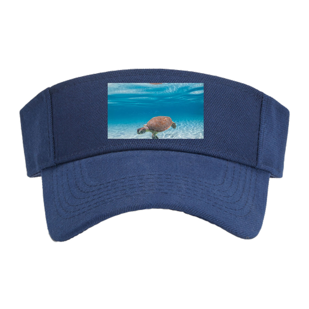 Sea turtle swims gracefully in clear blue water with fish below, sunlight filtering through the surface. -  Visor cap