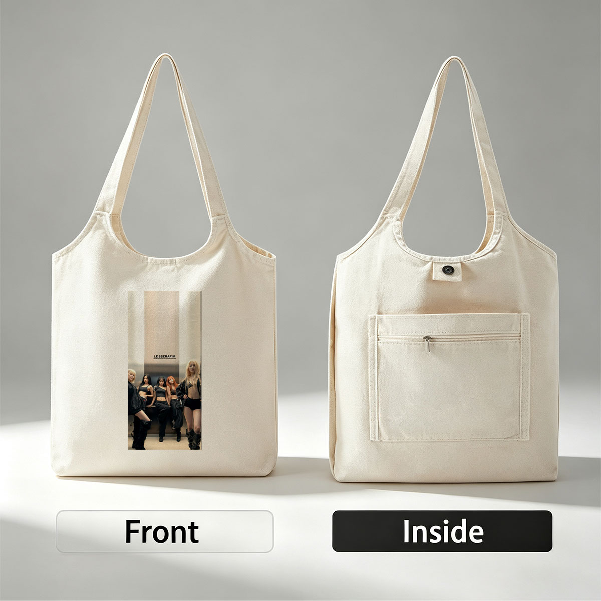LE SSERAFIM Group Pose in Edgy Black Outfits Against Modern Wall Background - Canvas shoulder bags/