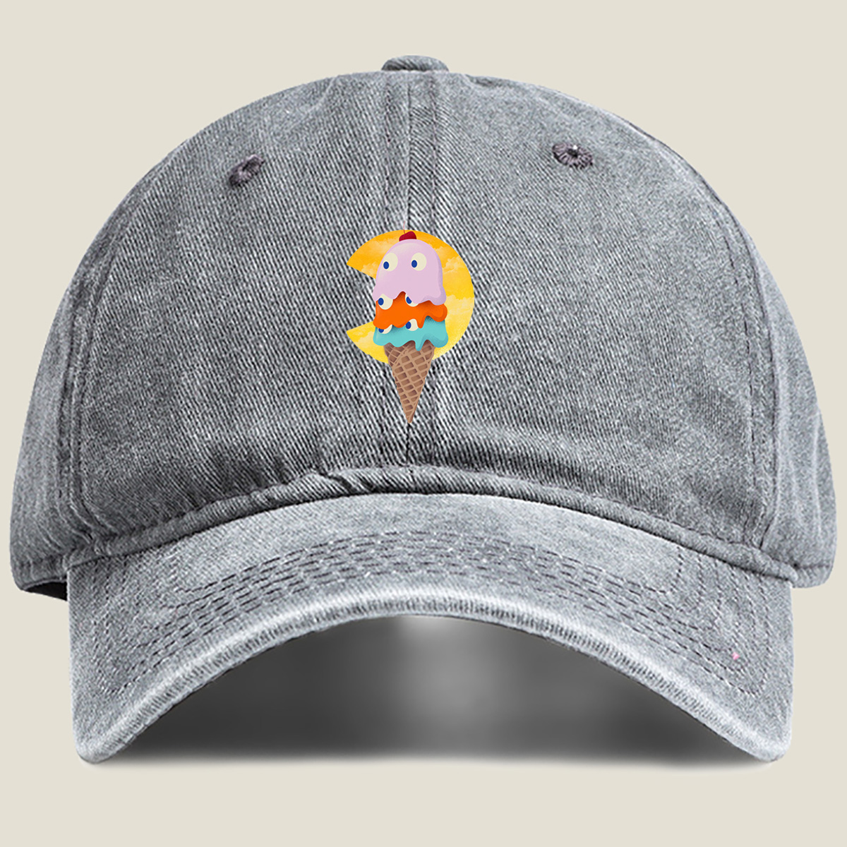 Pac-Man Ice Cream Cone - Washed Denim - Baseball Cap