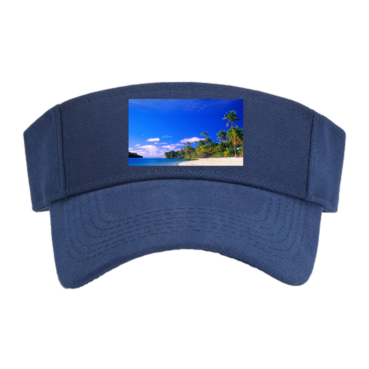 Seagulls soar over a pristine tropical beach with crystal-clear waters and palm trees under a vibrant blue sky. -  Visor cap