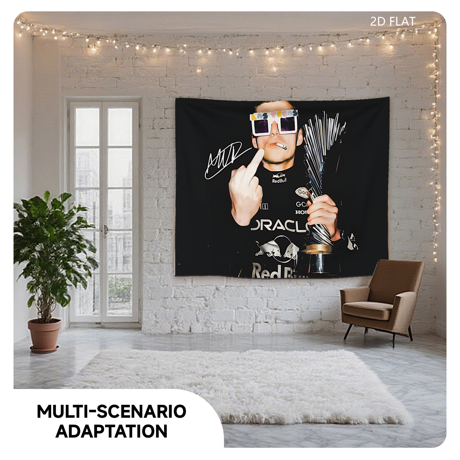 Max Verstappen in Red Bull Racing Gear, Holding Trophy and Wearing Las Vegas Sunglasses - Tapestry
