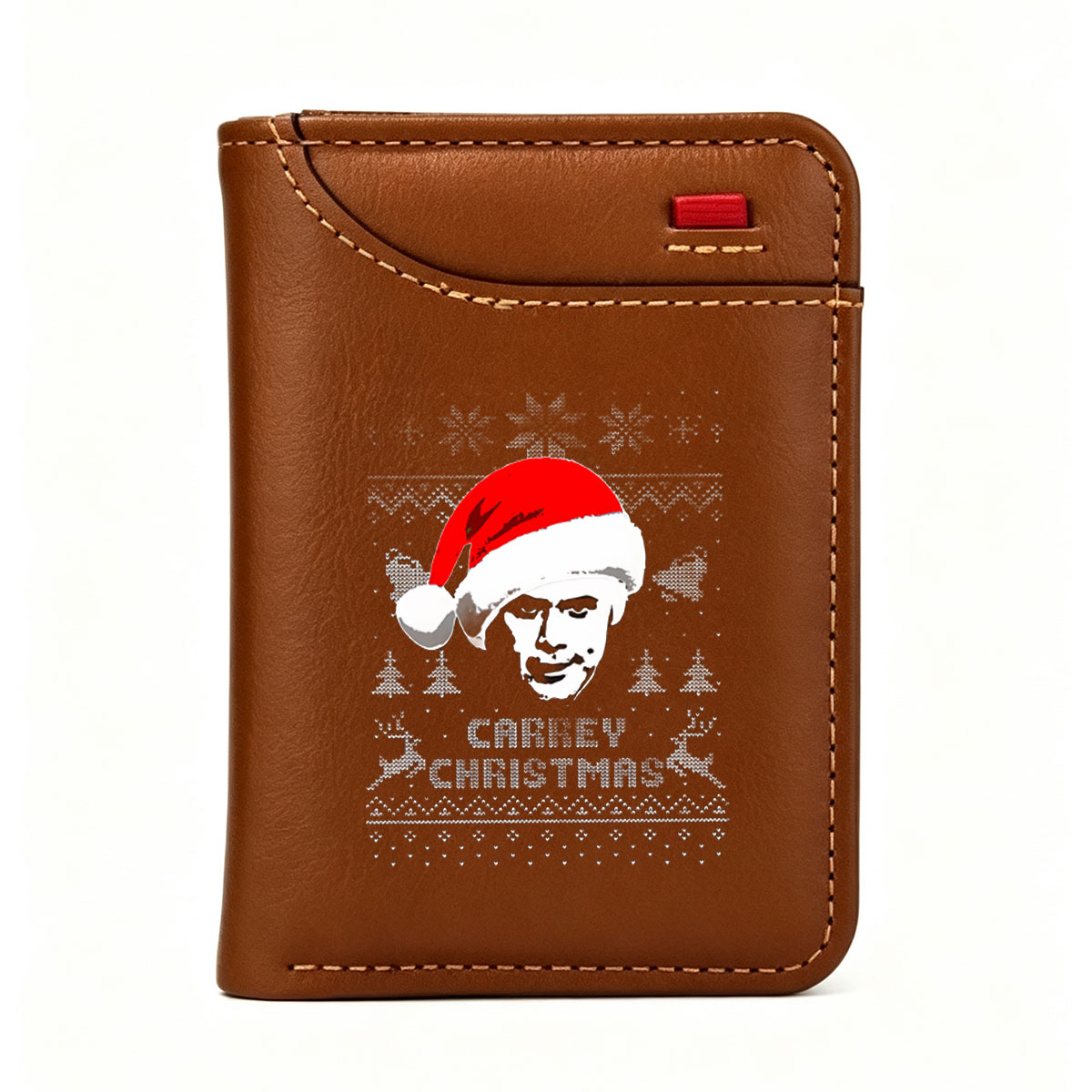 Carrey Christmas: Jim Carrey in Santa Hat on Knit Pattern Background - Vertical Style Wallet