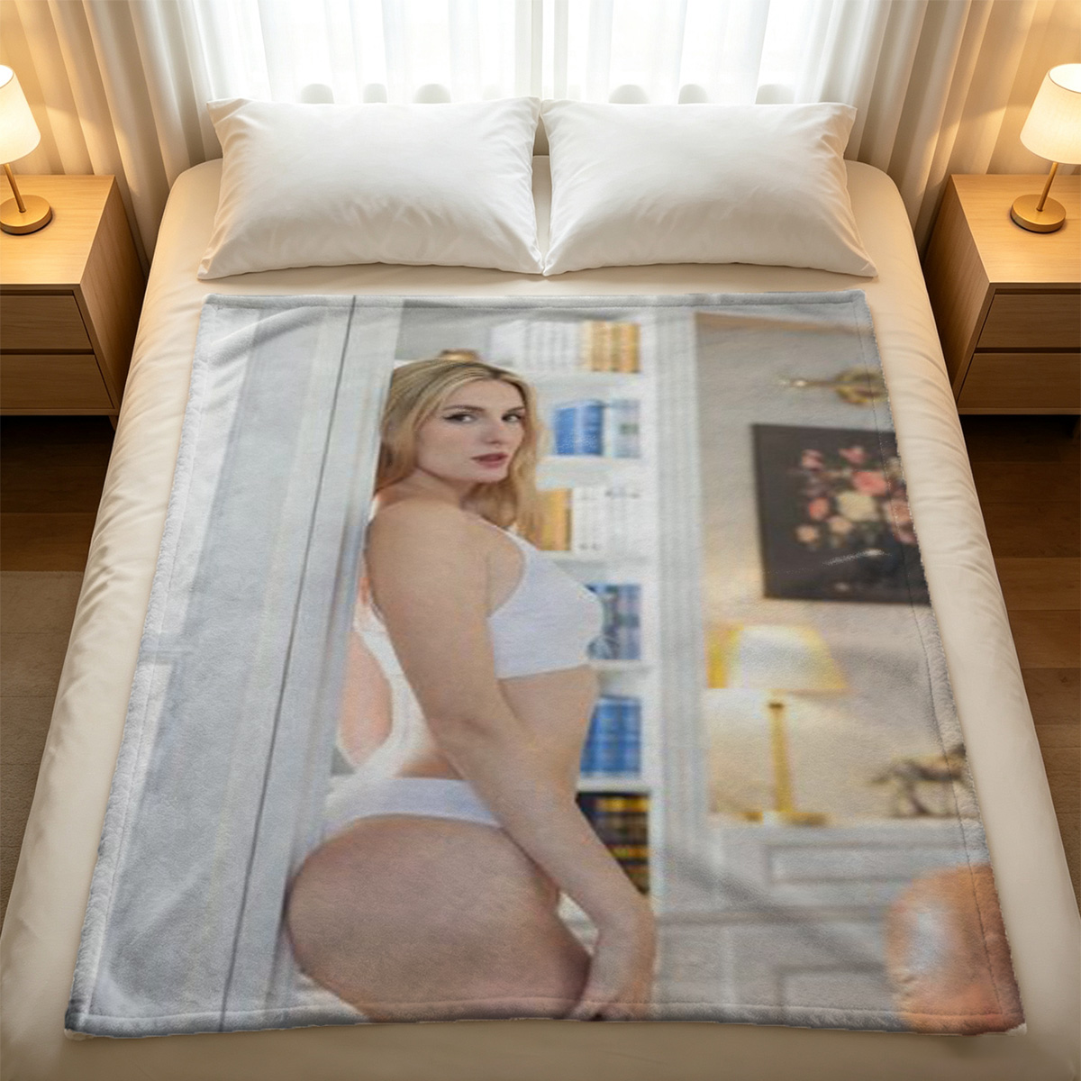Nude Japanese Woman Lying on Stomach in Bed - Blanket