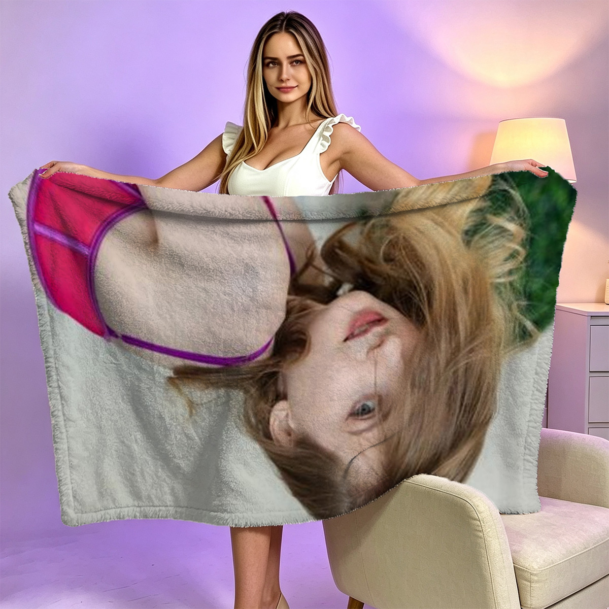 Blonde in white lingerie seduced by brunette in white shirt and pantyhose on bed - Blanket
