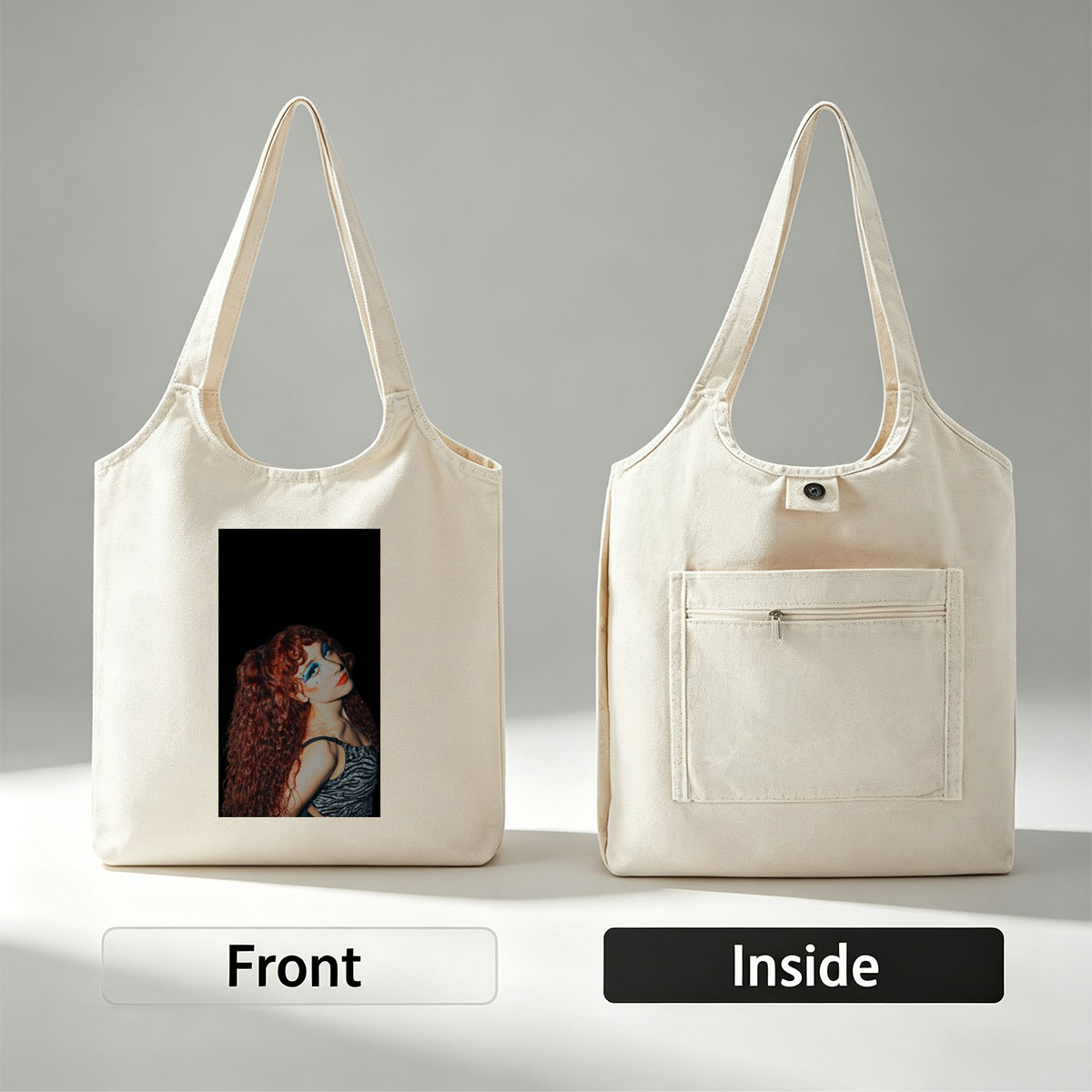 Chappell Roan in a Dramatic Pose with Vibrant Red Hair and Bold Blue Eye Makeup Against a Dark Background - Canvas shoulder bags/