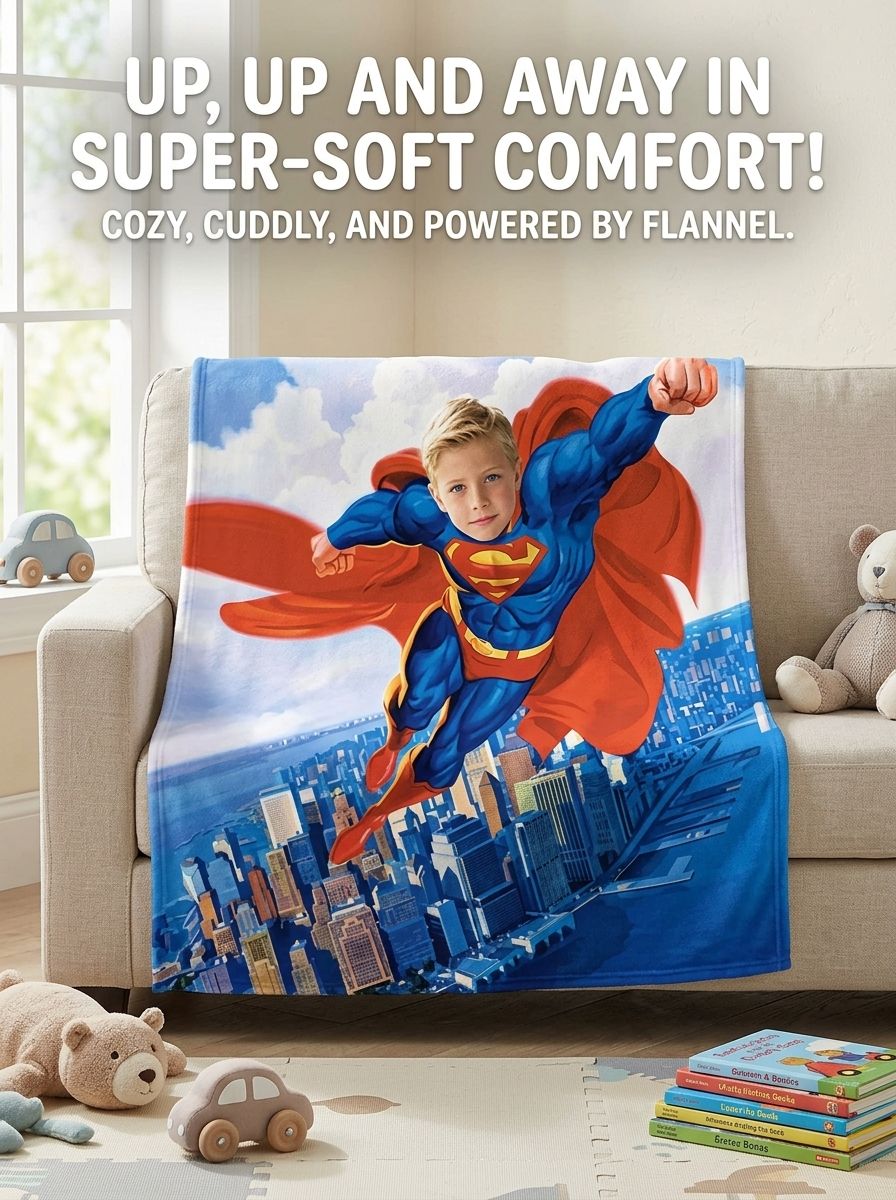 Custom Superhero Photo Face Blanket Ultra Soft Velvet Flannel Throw Personalized Keepsake Gift for Kids and Family