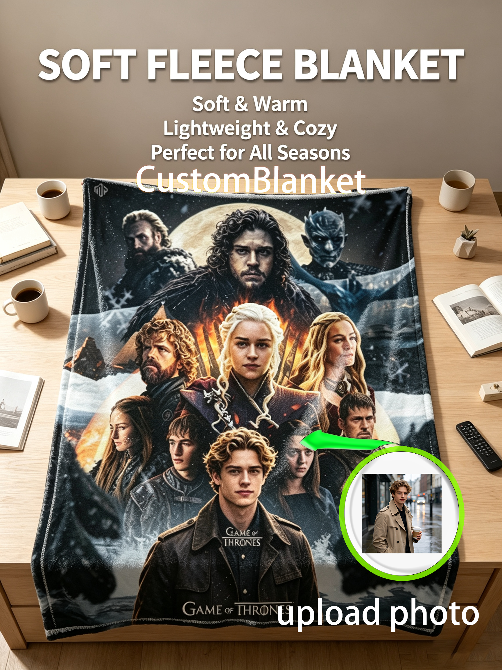 Custom Face Blanket Game of Thrones Flannel Blanket for Couch, Bed, or Travel Perfect Gift for Fans and Collectors