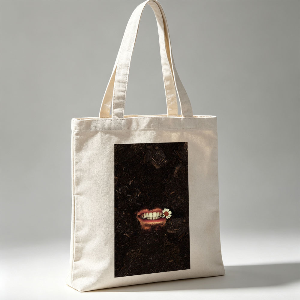 Mysterious Mouth in Soil with Daisy Flower in Teeth - Canvas tote bags