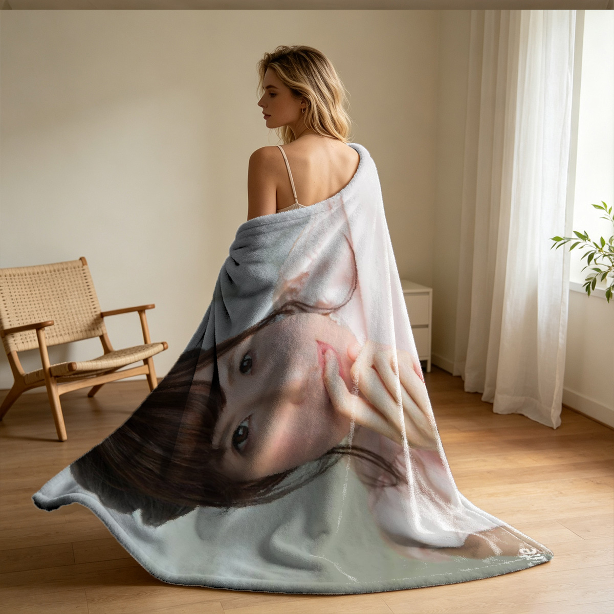 Nude Blonde Sitting on Blue Fabric - Blanket