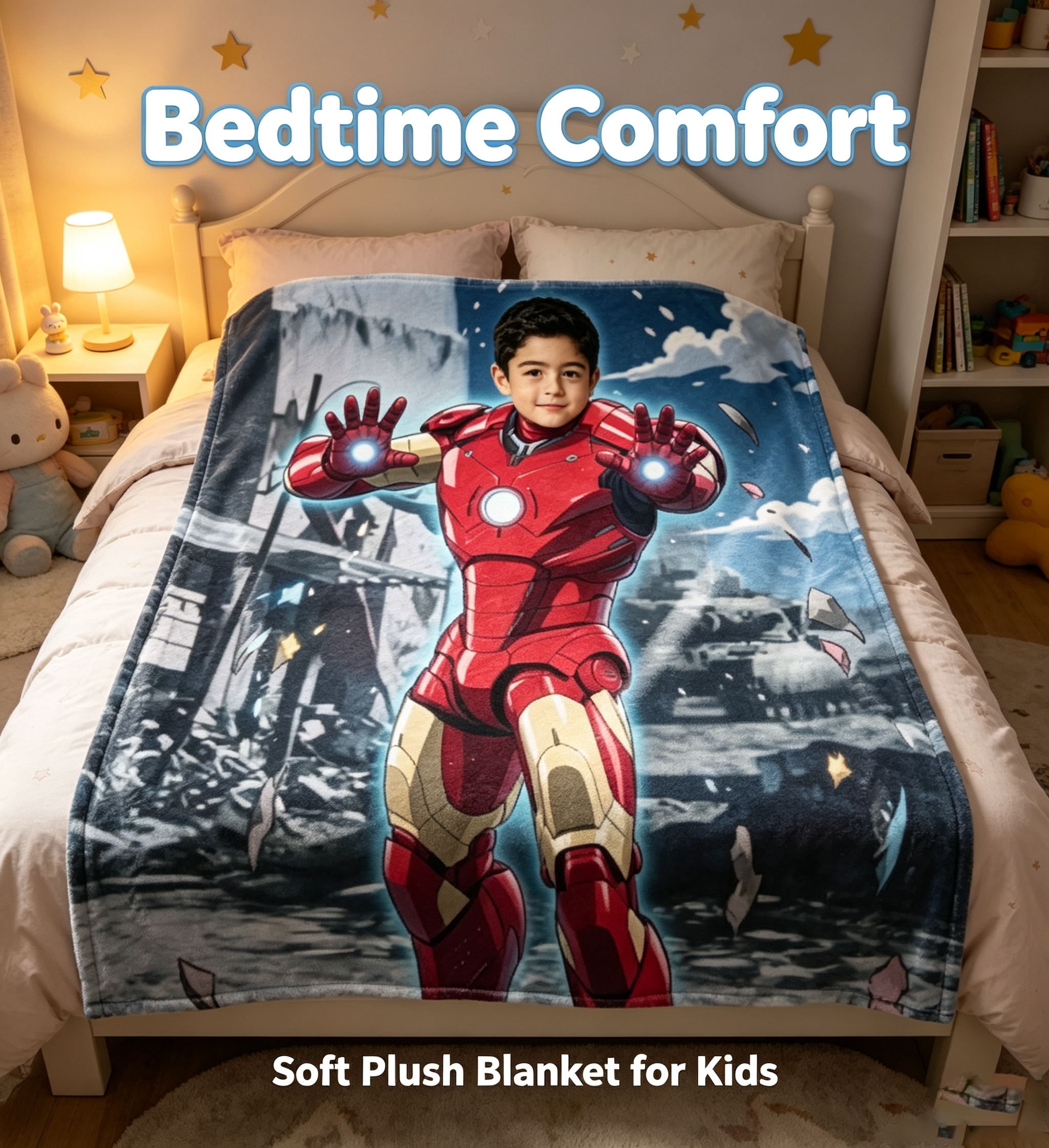 Personalized Iron Superhero Kids Blanket - Custom Face Soft Plush Throw 2.
