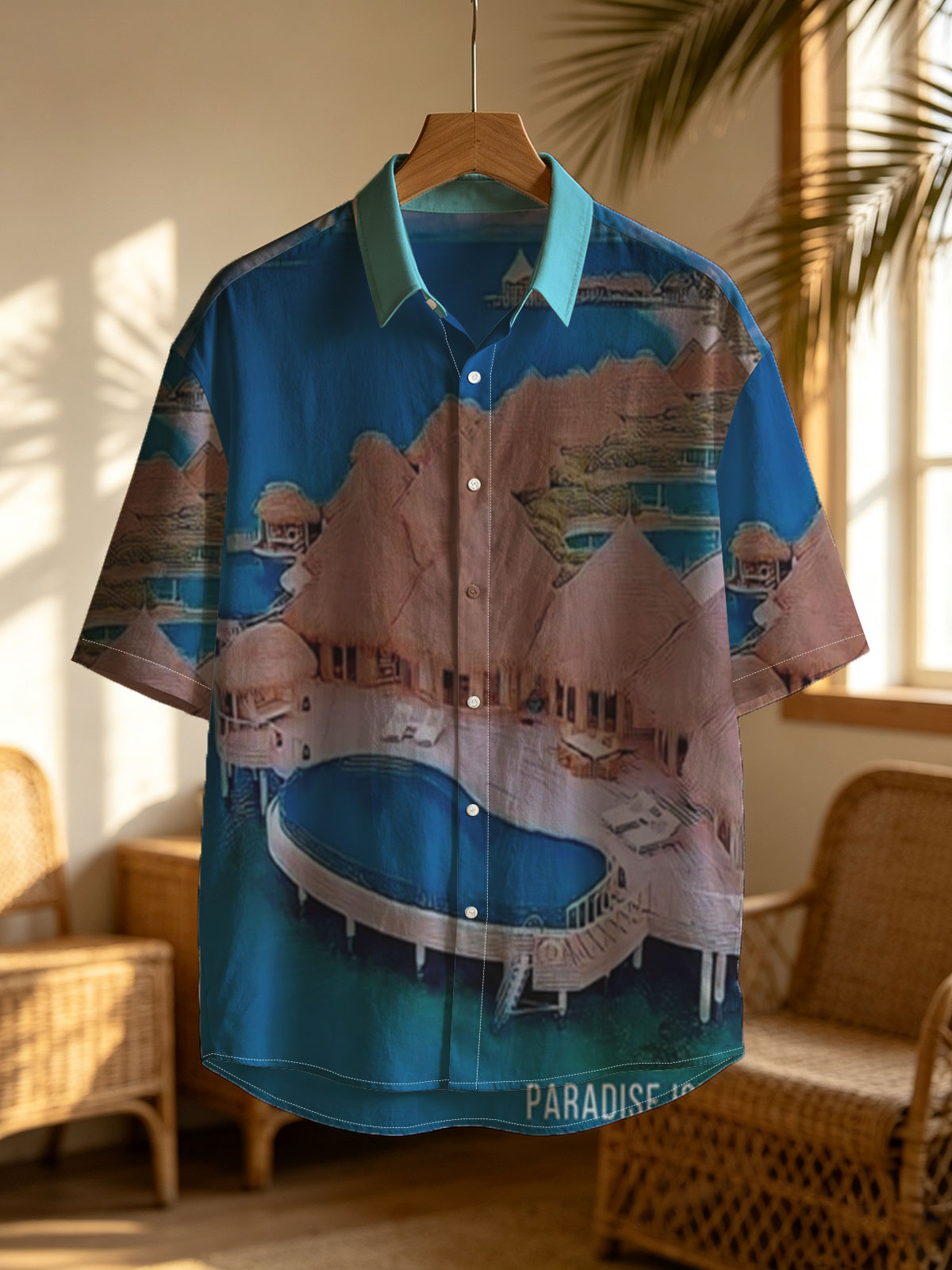 Overwater bungalows with private pools on a tropical island, surrounded by crystal blue waters and lush greenery. -  Shirt