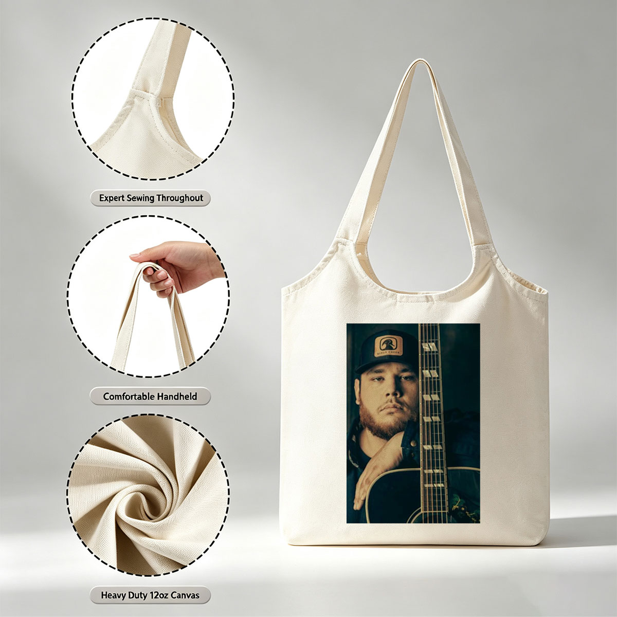 Luke Combs Holding Acoustic Guitar in Studio Portrait - Canvas shoulder bags/