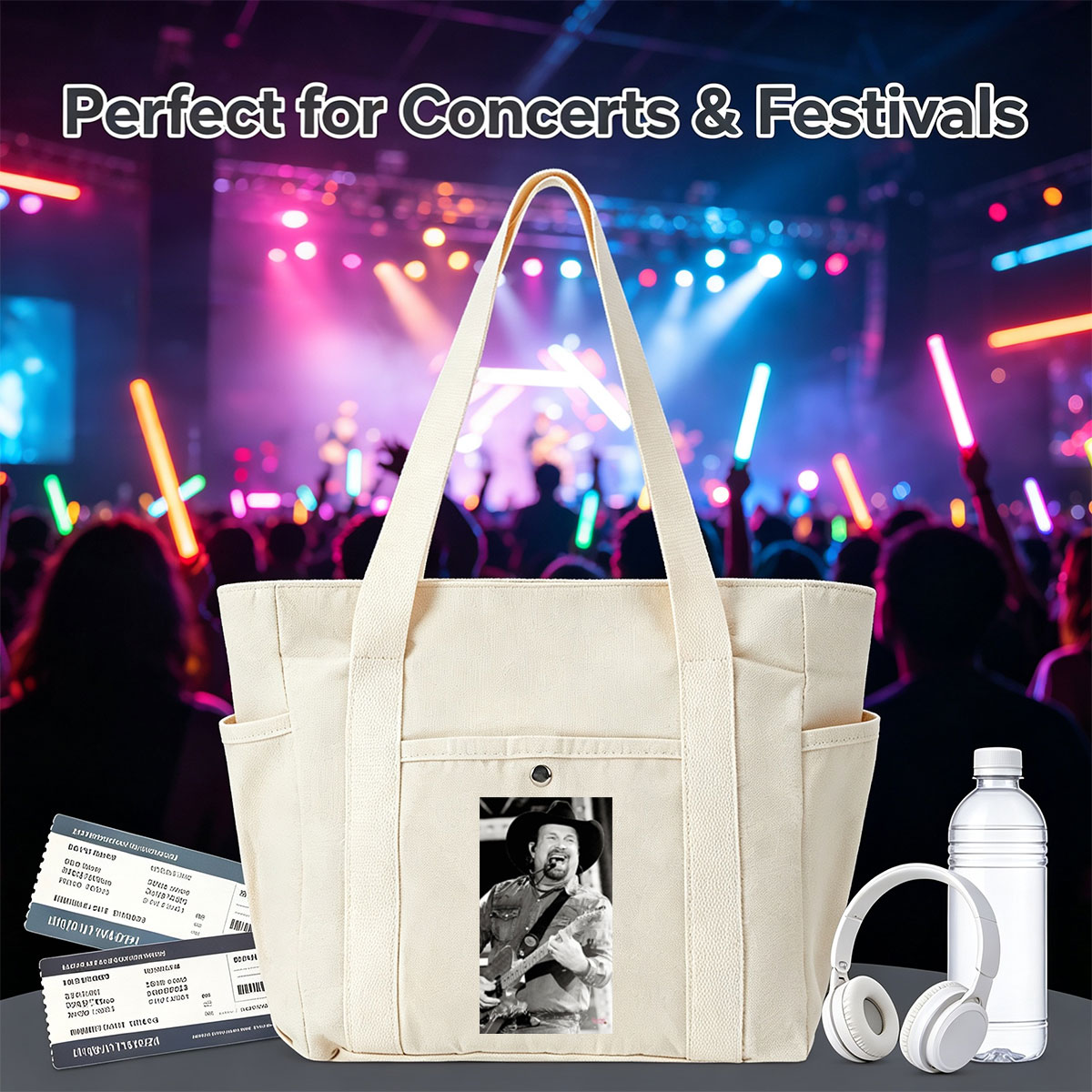 Garth Brooks Performing Live with Guitar and Cowboy Hat in Black and White Photo - Multi-pocket bags