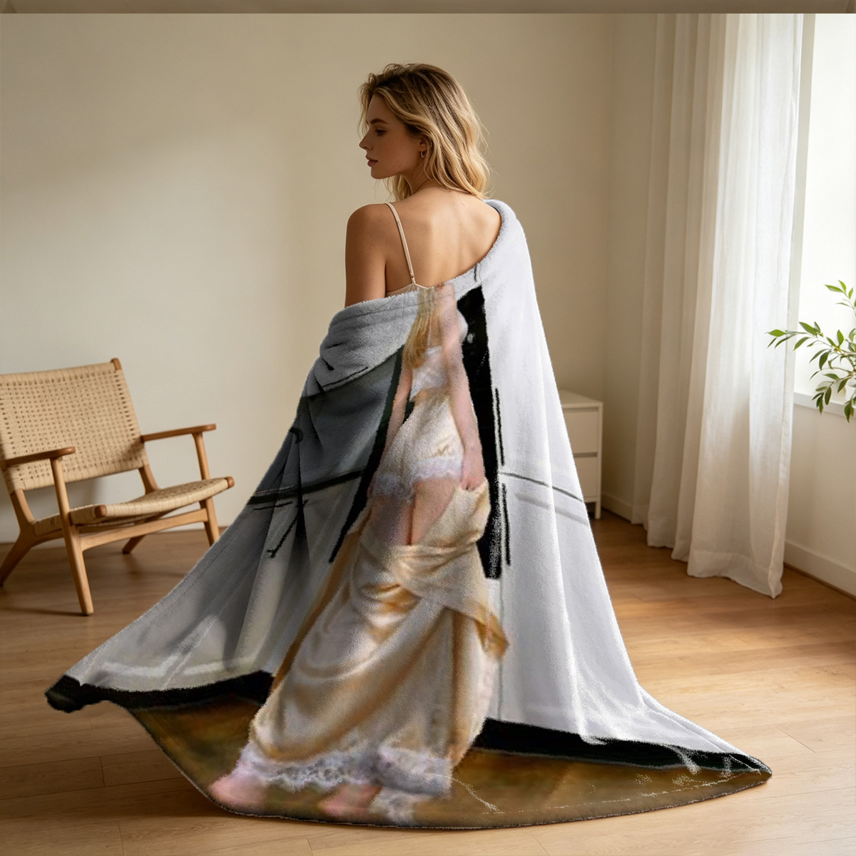Miyabi Kurosaki nude on wooden bench in elegant pose - Blanket