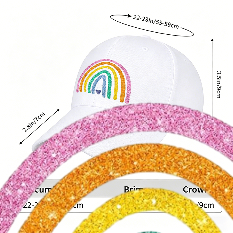 Unisex Classic Baseball Cap with Glitter Rainbow Print and Heart Design – Perfect for Outdoor Activities, Casual Wear, and Festival Events – Ideal for Adults Seeking Fun and Colorful Fashion Accessory