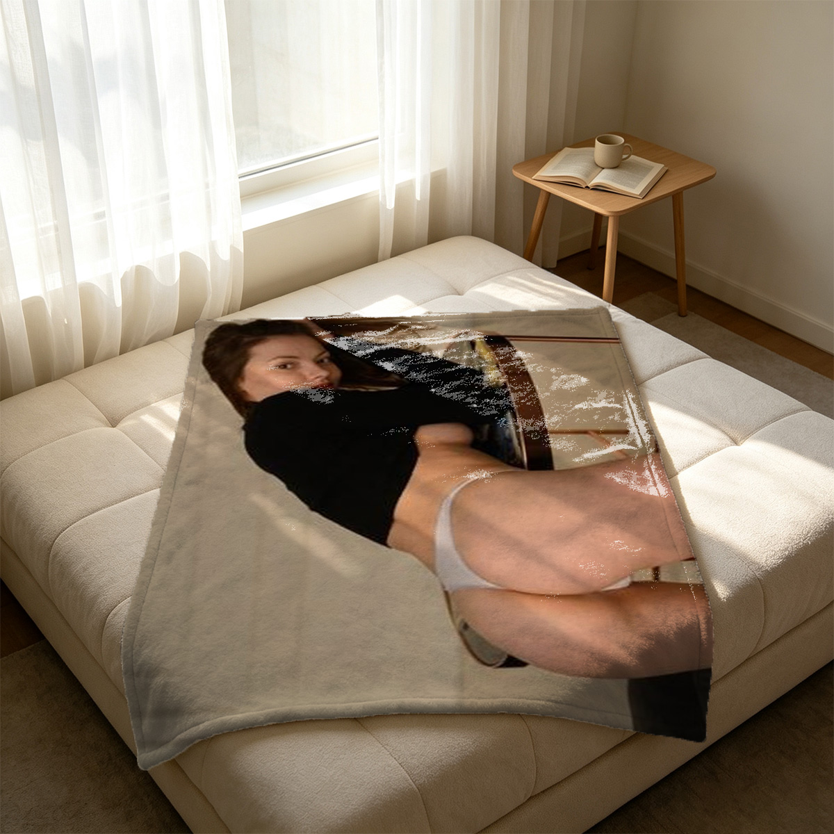 A woman in white lace lingerie kneeling on a bed in a luxurious bedroom. - Blanket