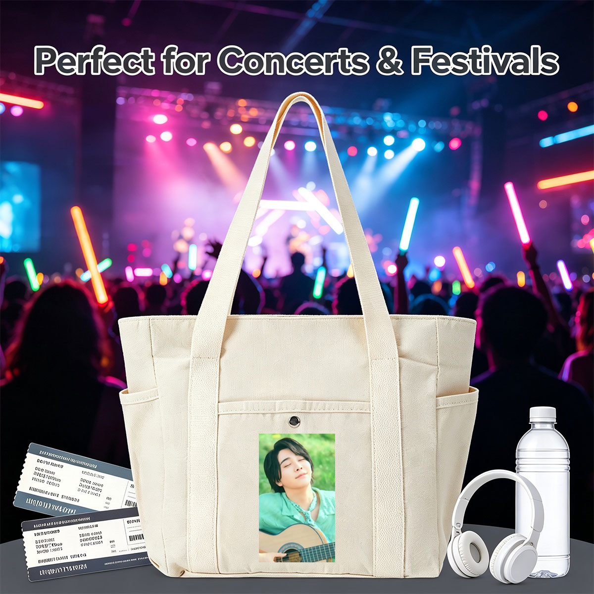 Yuki Kajiura in a Serene Outdoor Setting Playing Acoustic Guitar with Eyes Closed - Multi-pocket bags