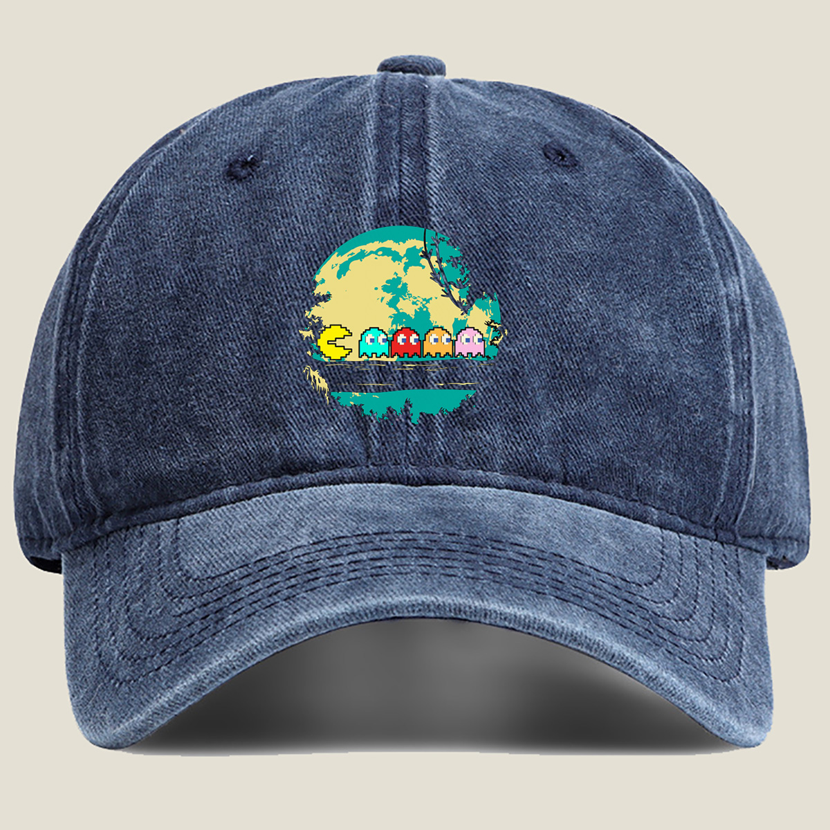 Pac-Man and Ghosts Under the Moon - Washed Denim - Baseball Cap