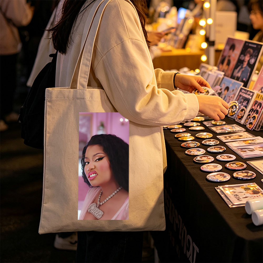 Cardi B in a Glamorous Pink Scene with Sparkling Jewelry and Bold Makeup - Canvas tote bags