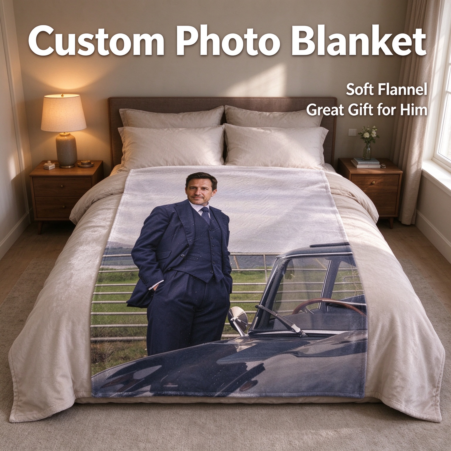Personalized Custom Photo Blanket, Ultra Soft Flannel Portrait Throw Blanket, Cozy Keepsake Gift for Bed and Couch