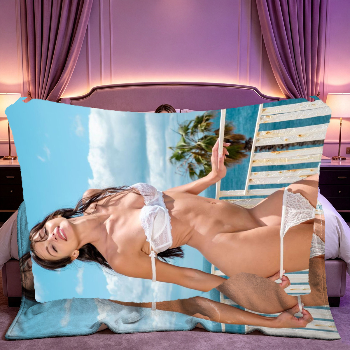 Nude Blonde Woman Sitting on Couch with Hands in Hair - Blanket