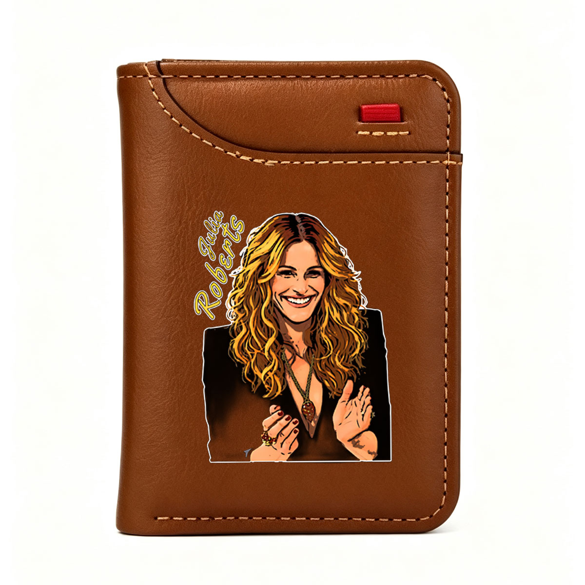 Julia Roberts Portrait: Vibrant Cartoon Style with Long Curly Hair and Warm Smile - Vertical Style Wallet