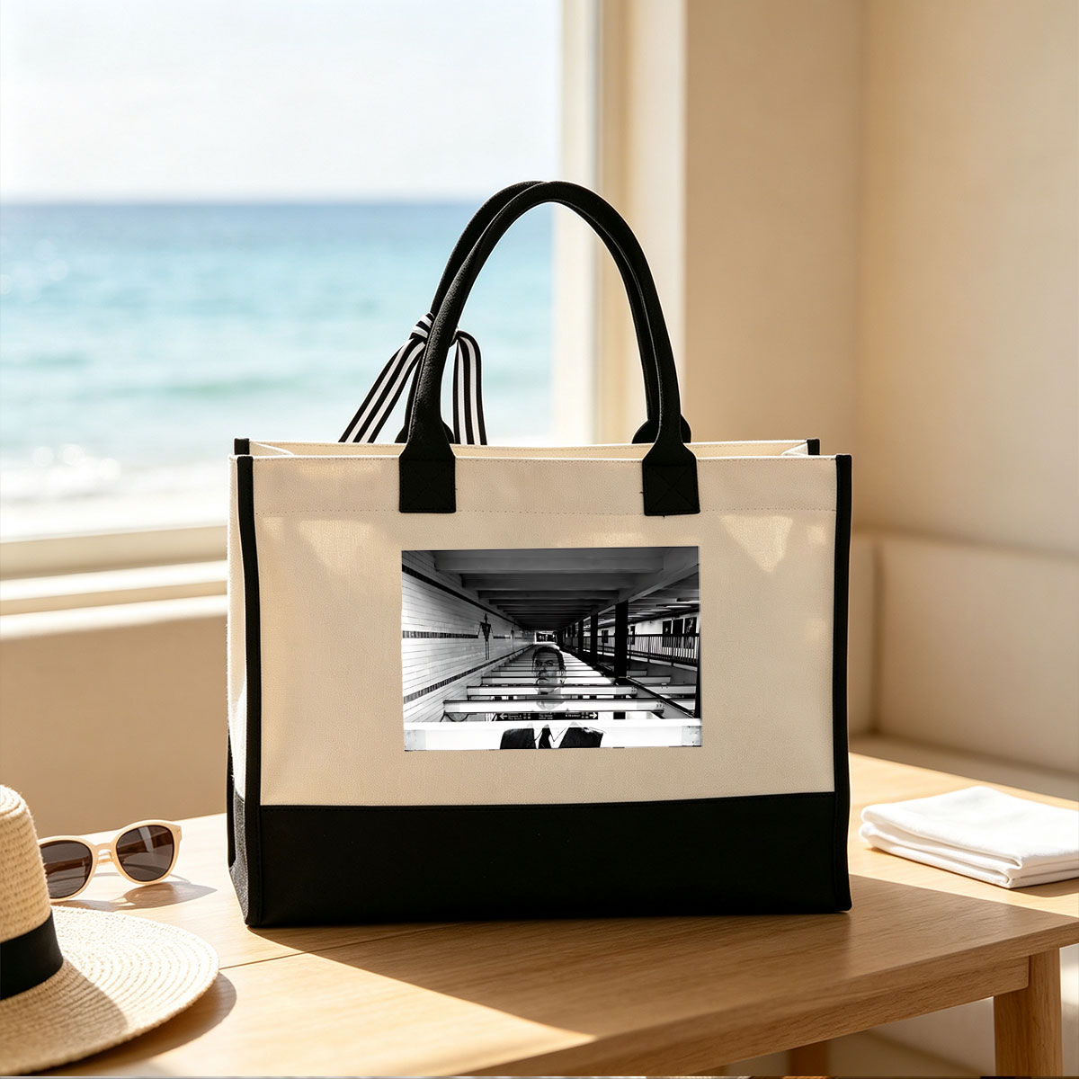 Man in Suit on Subway Platform with Overlaid Face and Directional Signs - Canvas patchwork gift tote bag