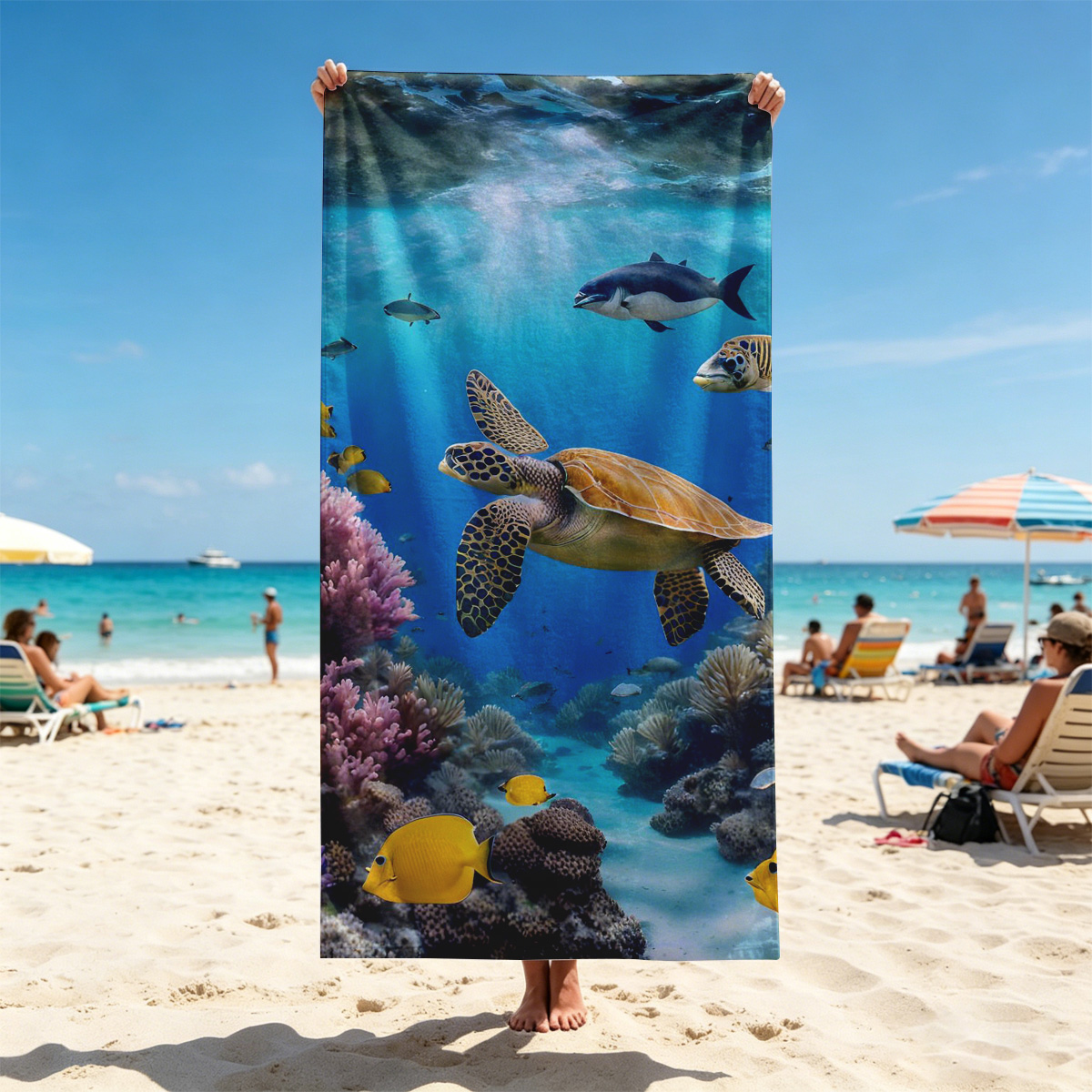 Colorful Coral Reef with Sea Turtle and Fish - Beach towels