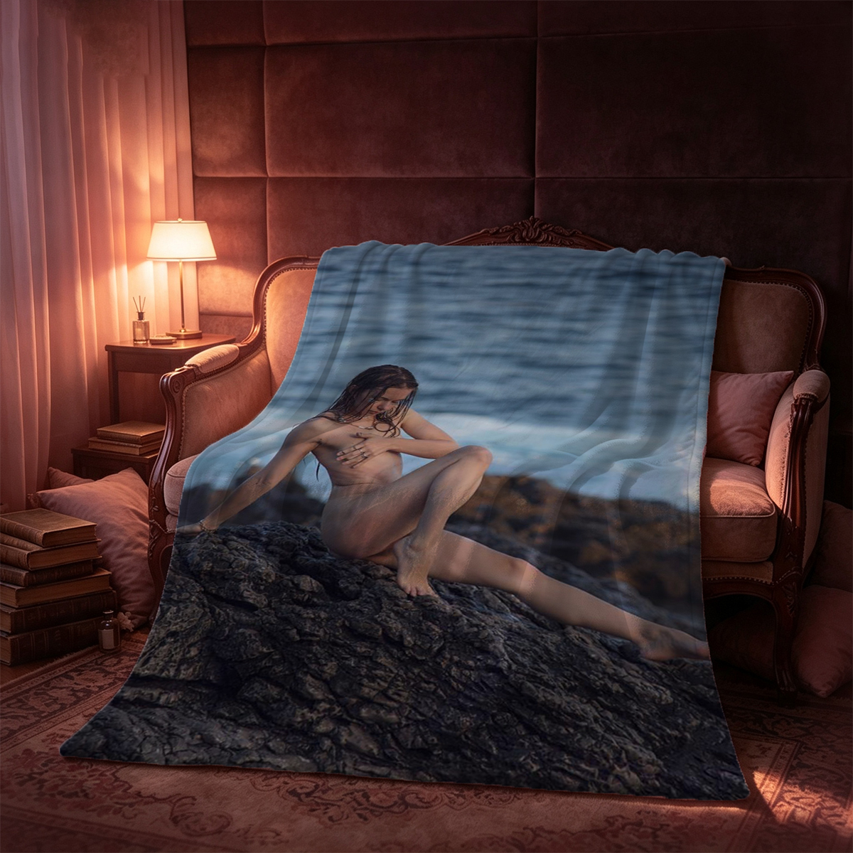 A woman in black lace lingerie lying on a patterned bed. - Blanket