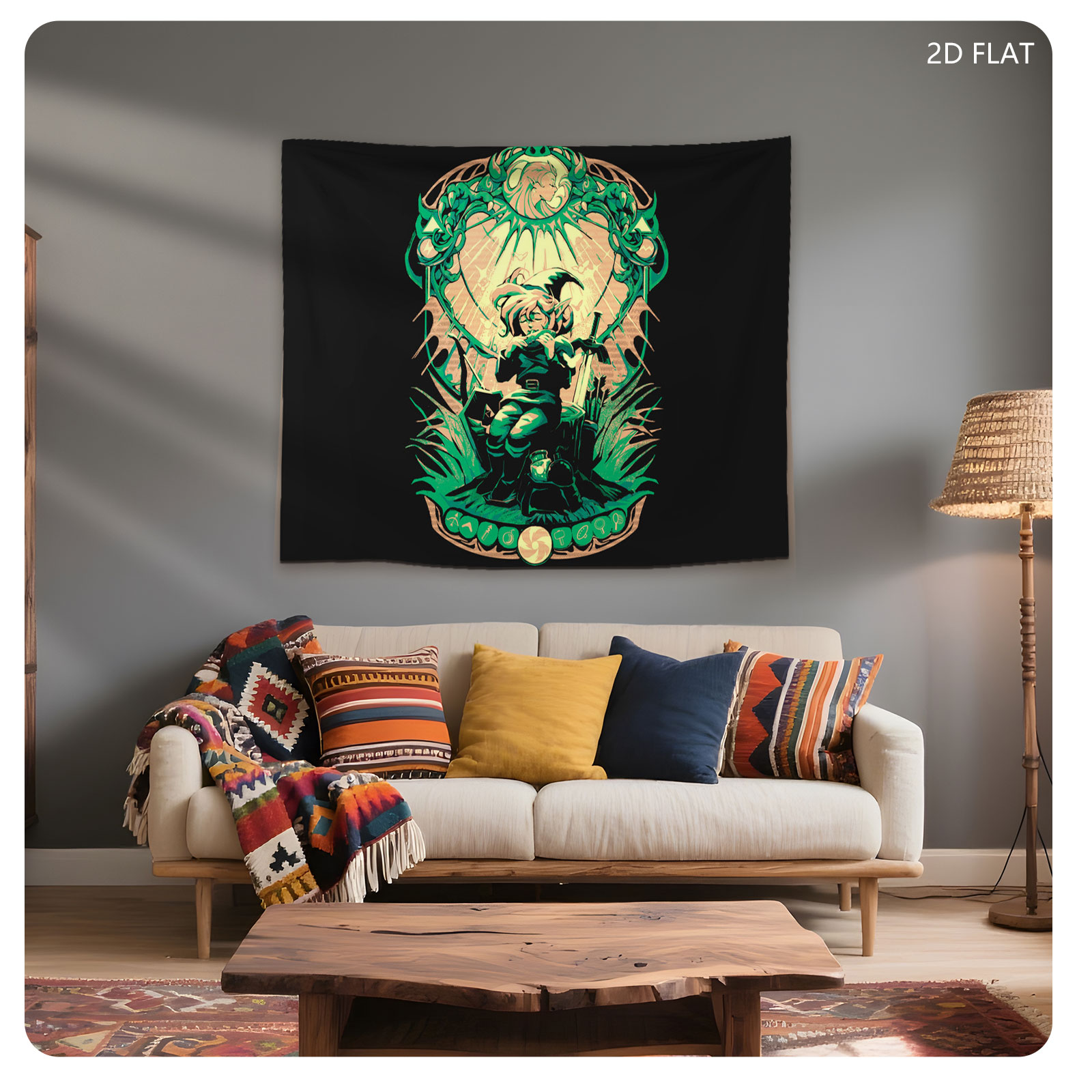 Link from The Legend of Zelda, wielding sword and shield, framed by ornate green design with Triforce symbols - Tapestry