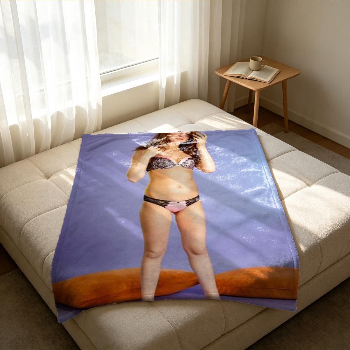 Naked Ai Shinozaki lying on white couch with panties around thigh. - Blanket