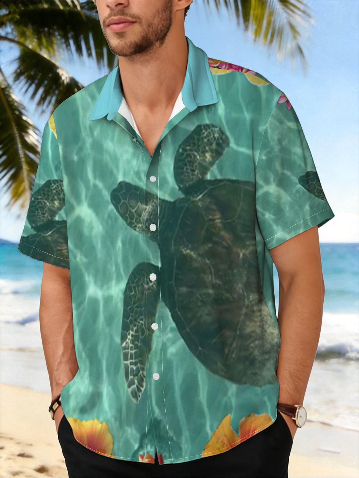 Sea Turtle Swimming Among Tropical Flowers in Clear Water -  Shirt