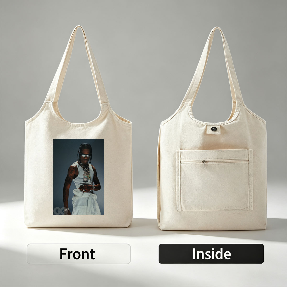 Travis Scott in a Fashion Editorial Pose Wearing a White Tank Top and Statement Jewelry for GQ - Canvas shoulder bags/