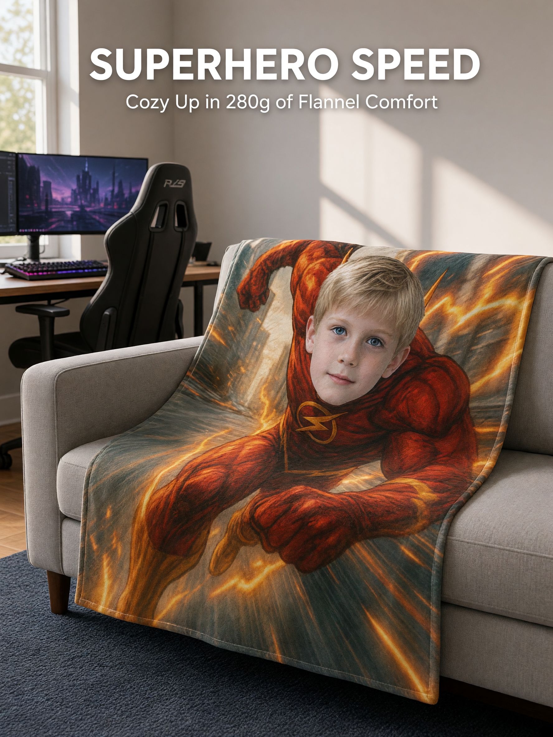 Custom Face Flannel Blanket with Red Lightning Superhero Design, Ultra-Soft Anti-Pilling Plush Throw, Ideal