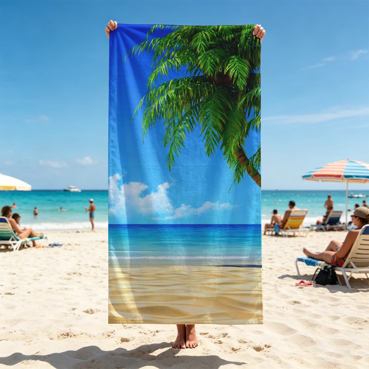 Tropical Beach with Palm Tree and Clear Blue Sky - Beach towels