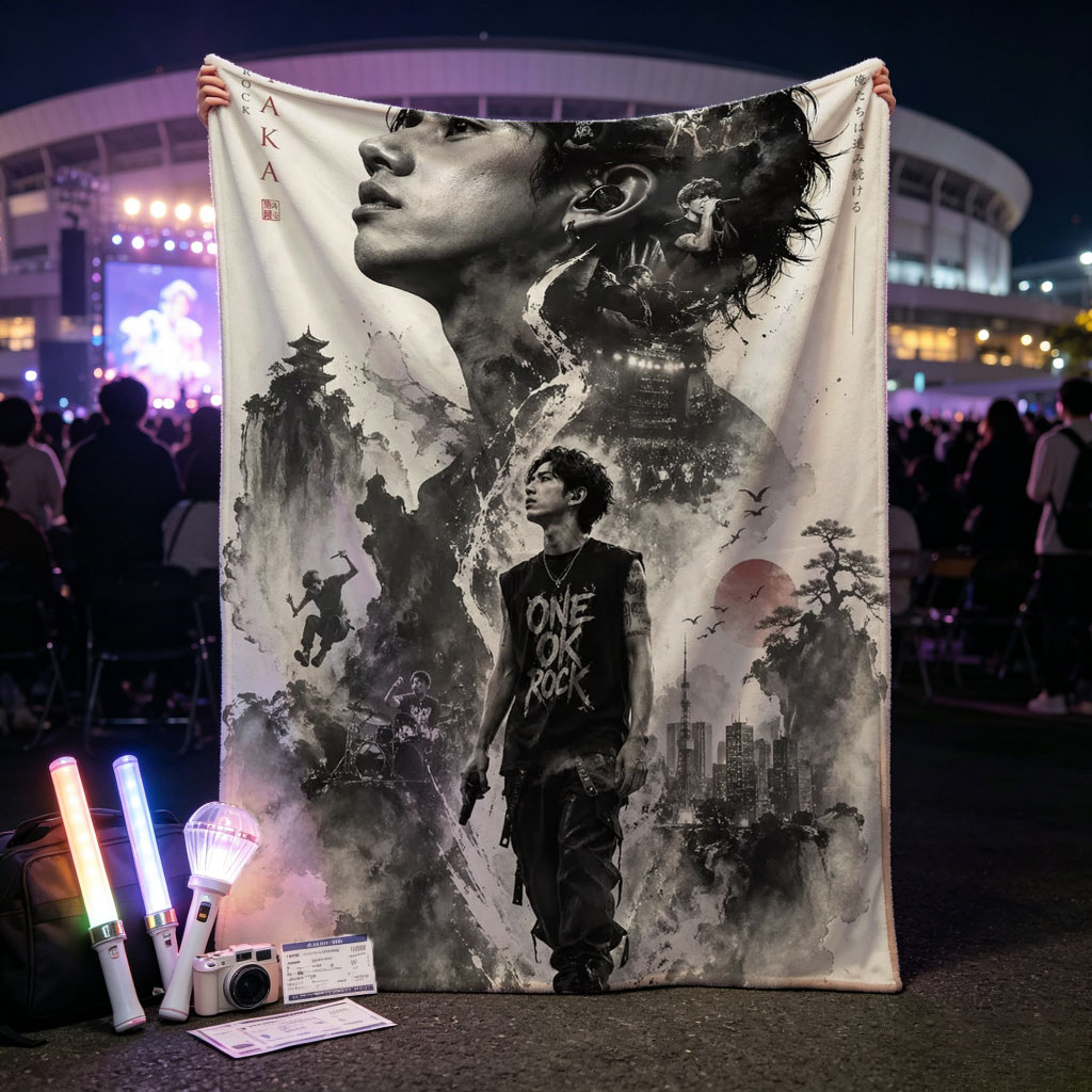 ONE OK ROCK TAKA in a Dramatic Monochrome Portrait with Traditional Japanese Landscape and Urban Elements - Blankets
